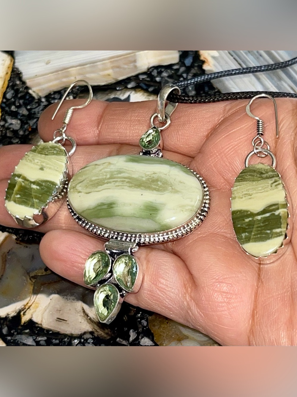 Green Larsonite Pendant & Earrings Set